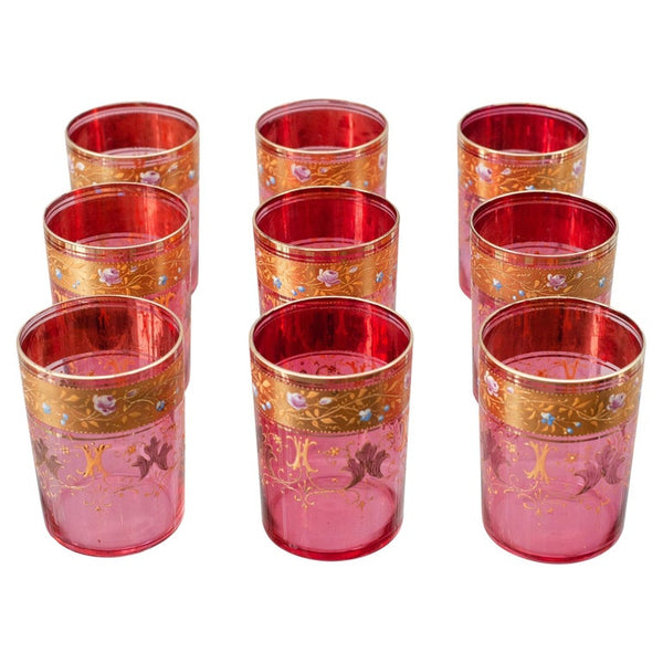 ANTIQUE SET OF 9 MOSER GILDED CRANBERRY GLASSES