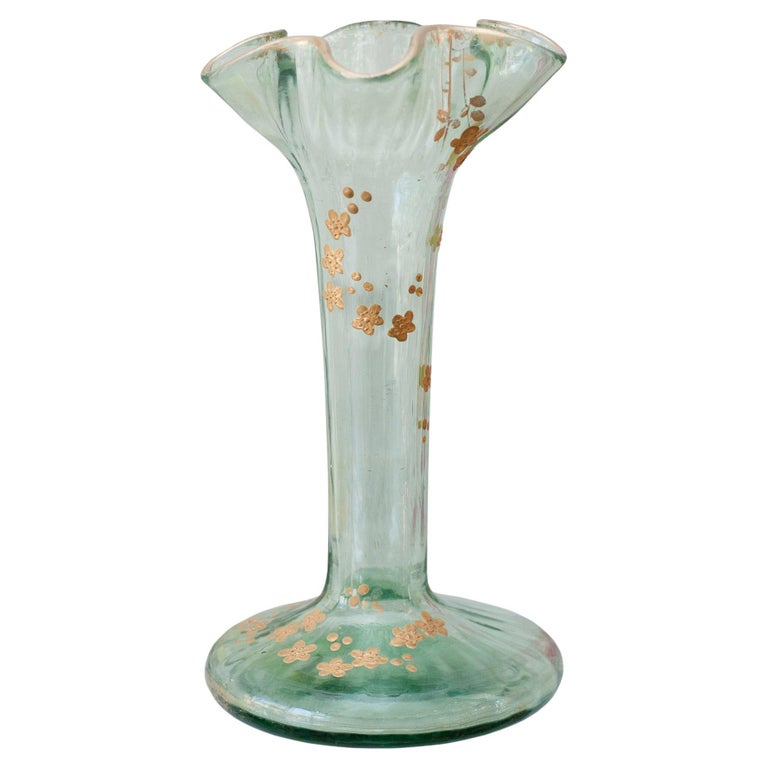 ANTIQUE MOSER LIGHT GREEN BUD VASE WITH FLORAL GILDING