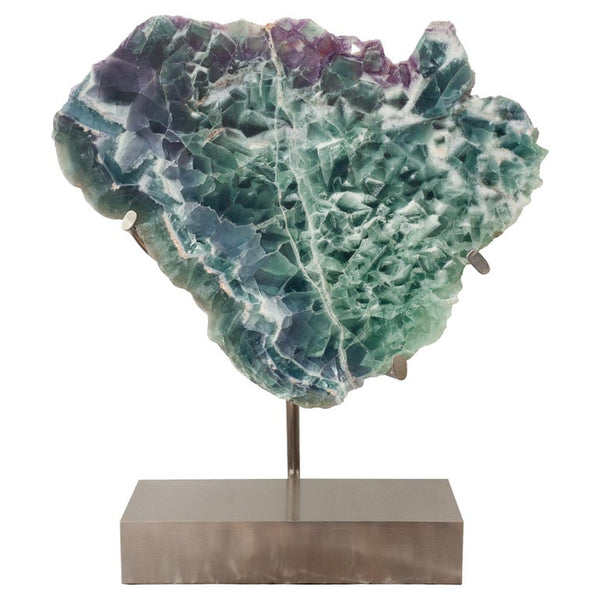 STUDIO MAISON NURITA MASSIVE FLUORITE SLICE ON CUSTOM BRUSHED NICKEL BASE