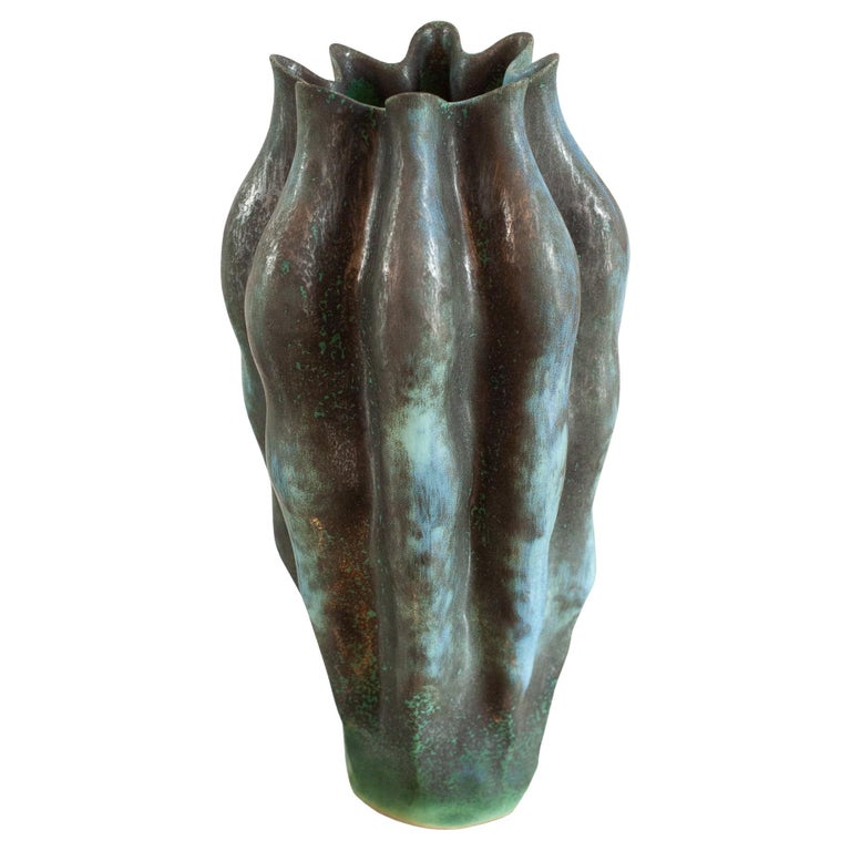 CONTEMPORARY LARGE GREEN GREEN AND METALLIC GLAZED VASE