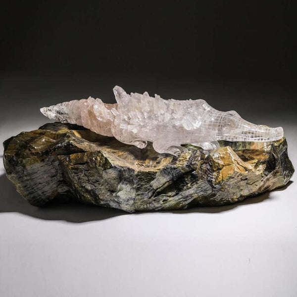 CONTEMPORARY LARGE HARD CARVED ROCK CRYSTAL ALLIGATOR ON SERPENTINE BASE