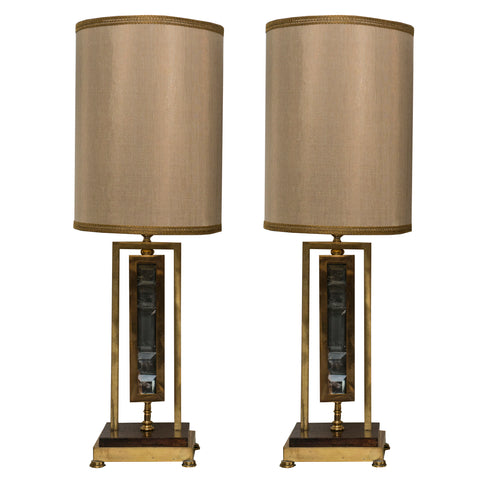 MID-CENTURY PAIR OF BRONZE & SMOKY QUARTZ LAMPS WITH CUSTOM SILK SHADES